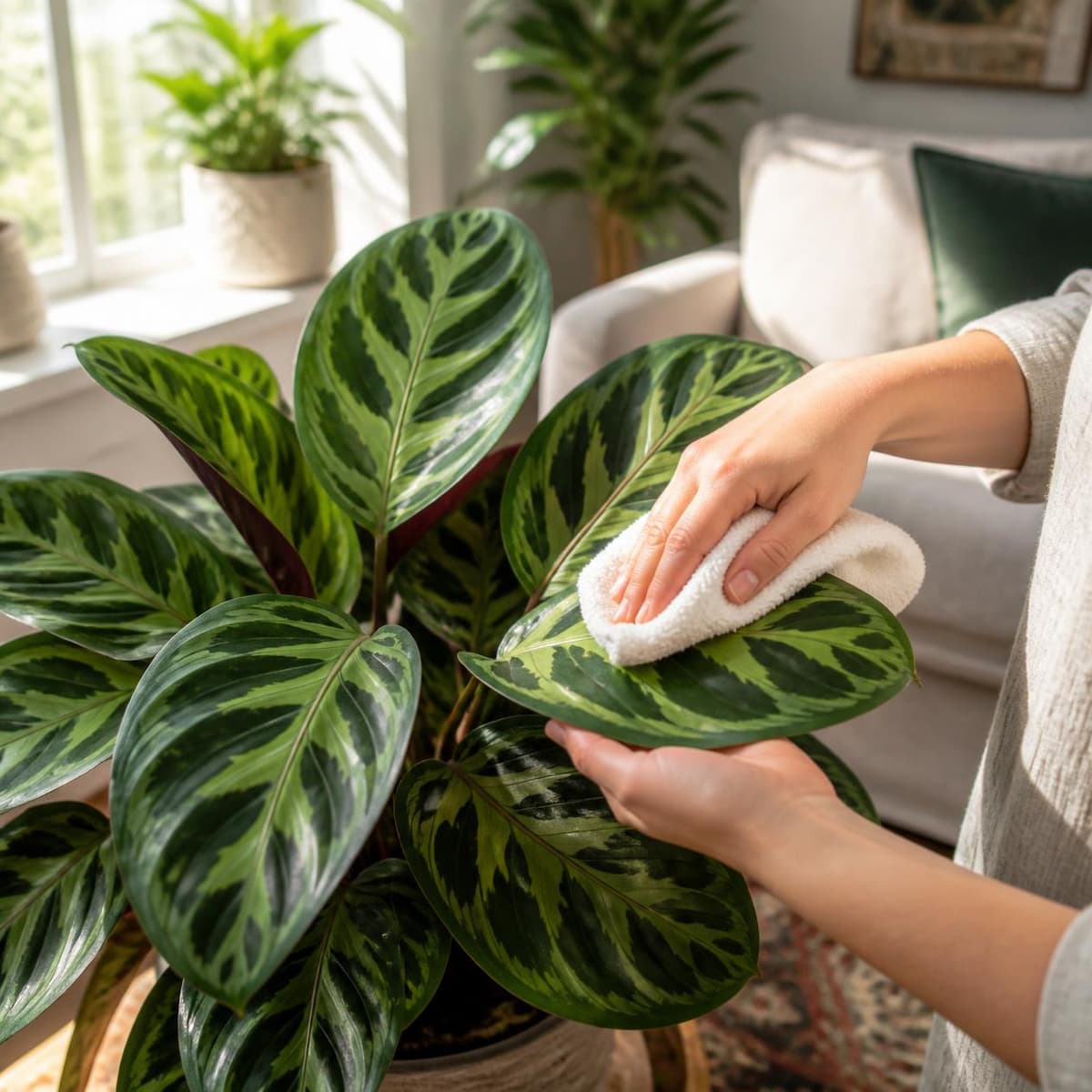 Dusting a Calathea leaf with a damp cloth