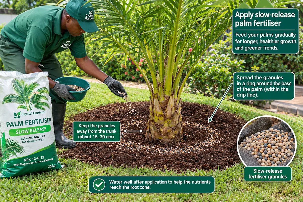 Crystal Gardens team member applying slow-release palm fertiliser around the base of a palm