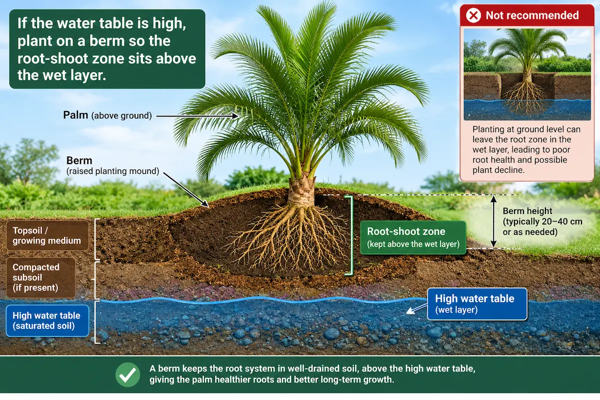 Diagram showing a palm planted on a raised soil berm above a high water table
