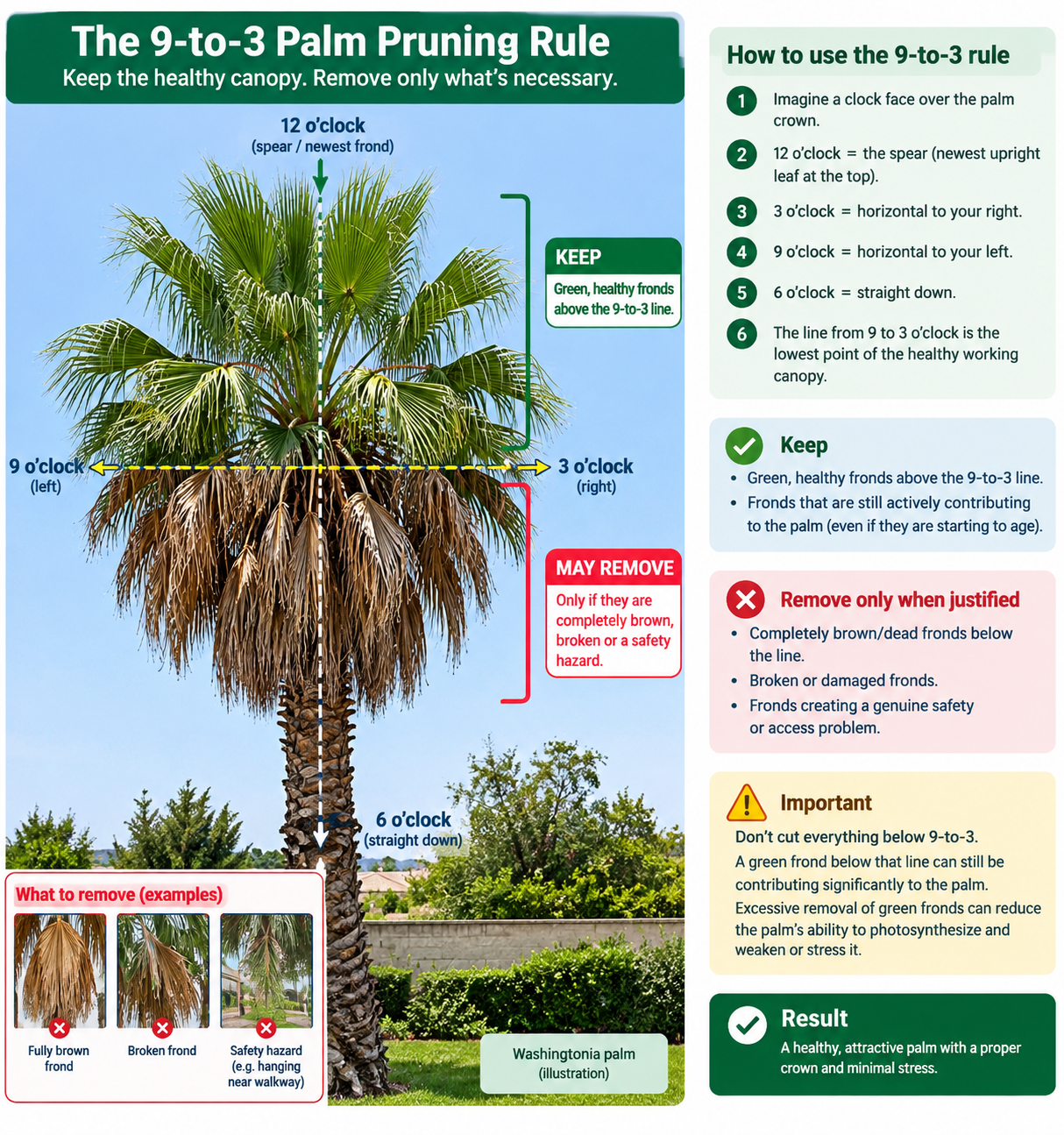 Diagram of the 9-to-3 palm pruning rule using a clock face over the crown